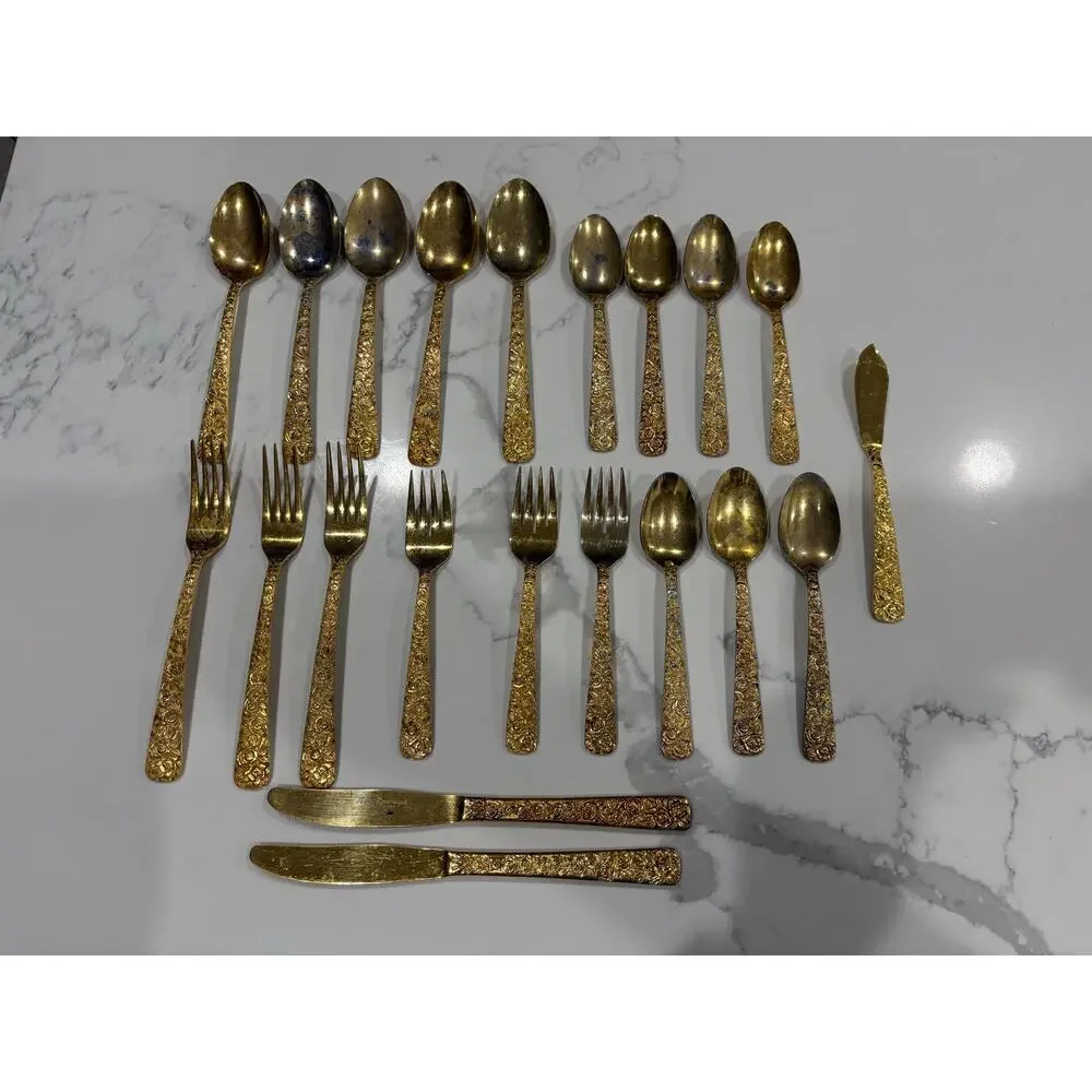 Vintage 1968 Cellini Romanesque Flatware Set‎ – 17 Pc Gold– NYM Co. Roses Floral